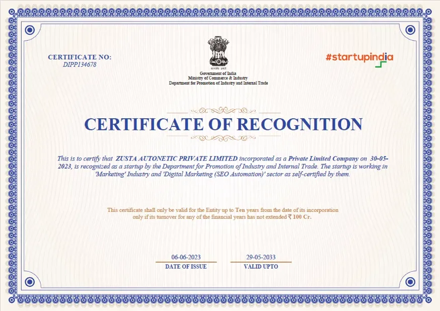 DPIIT Startup Recognition Certificate - Zusta Digital Marketing